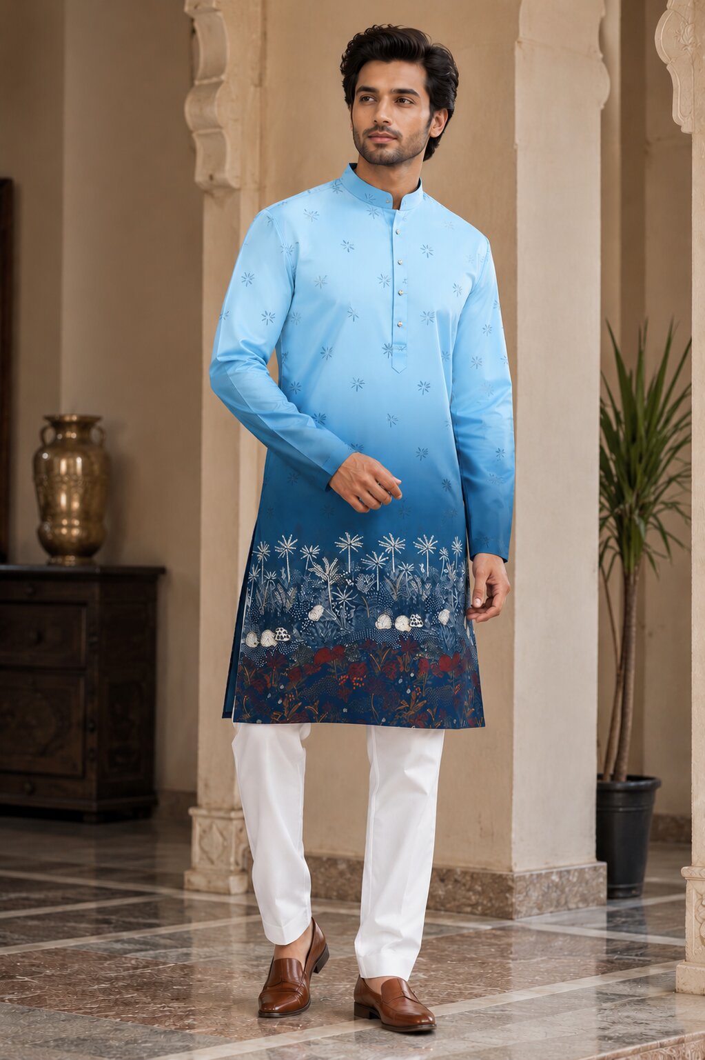 Sky Blue Printed Kurta Pyjama Set