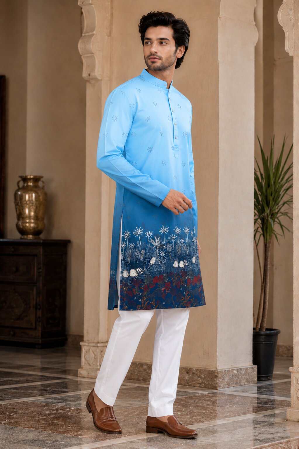 Sky Blue Printed Kurta Pyjama Set