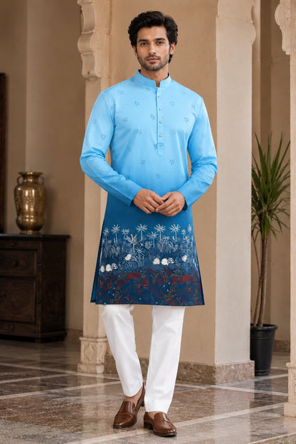 Sky Blue Printed Kurta Pyjama Set