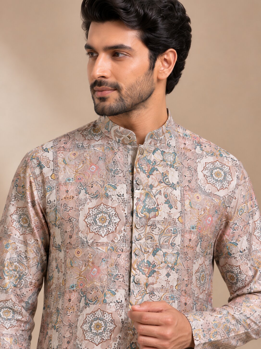 Peach Printed Kurta Pajama Set for Men