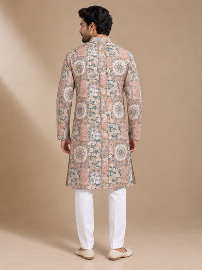 Peach Printed Kurta Pajama Set for Men