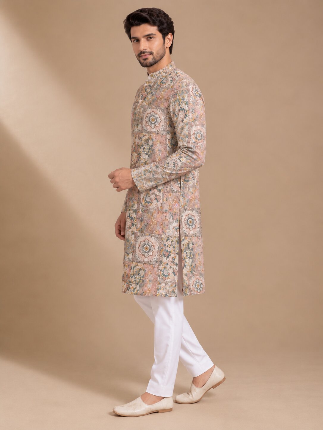 Peach Printed Kurta Pajama Set for Men