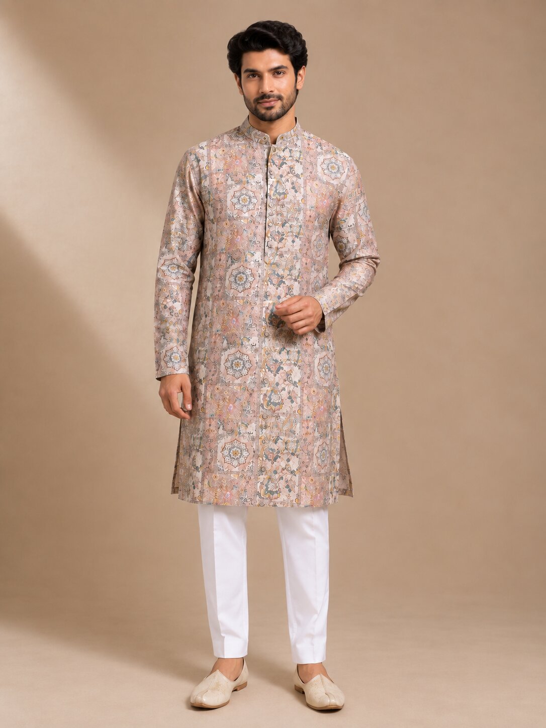 Peach Printed Kurta Pajama Set for Men
