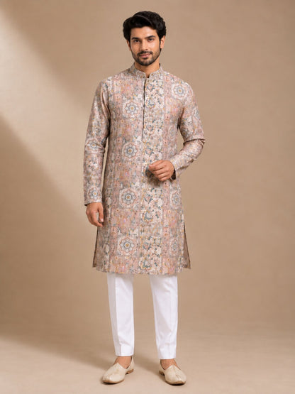 Peach Printed Kurta Pajama Set for Men