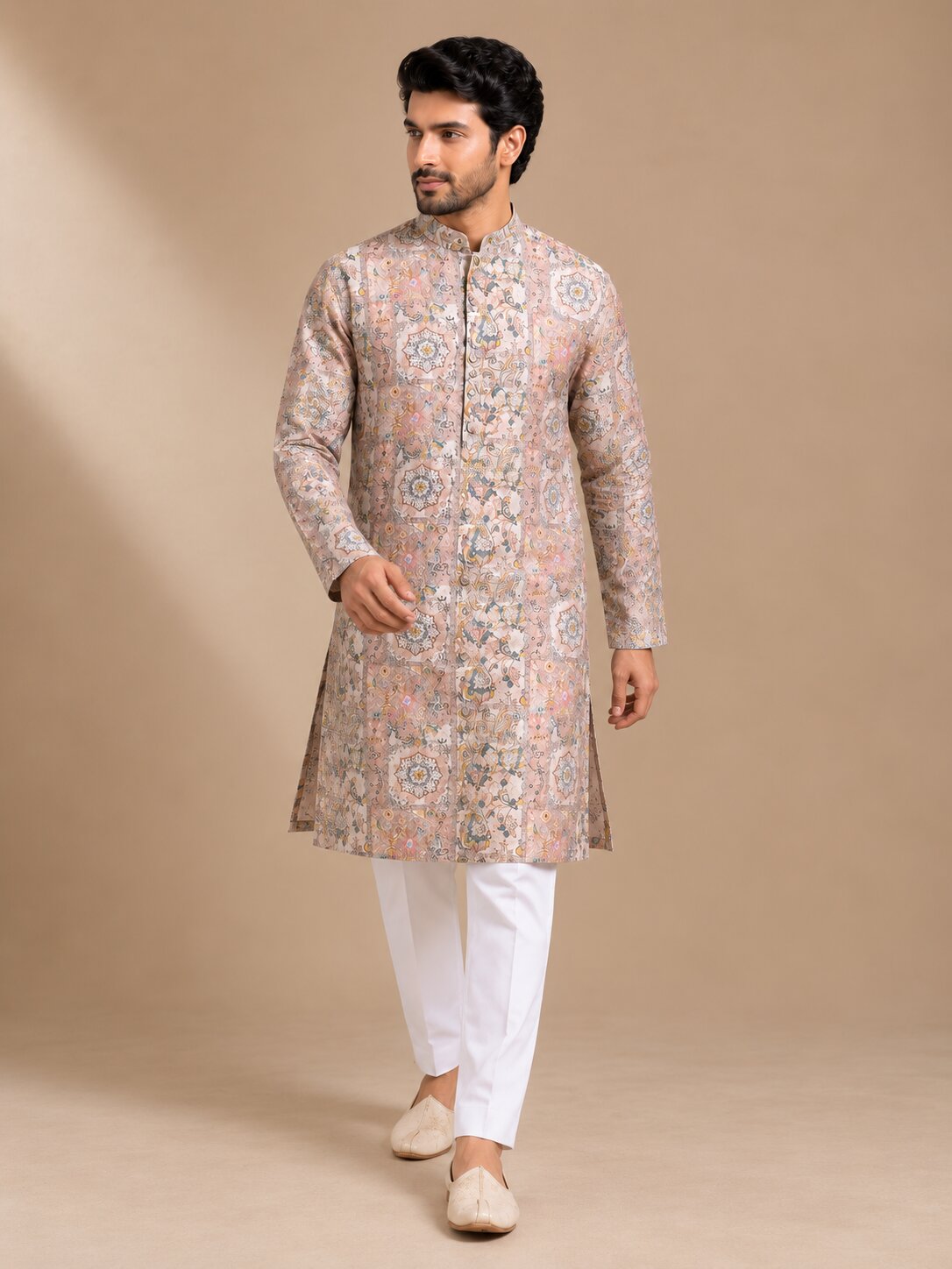 Peach Printed Kurta Pajama Set for Men