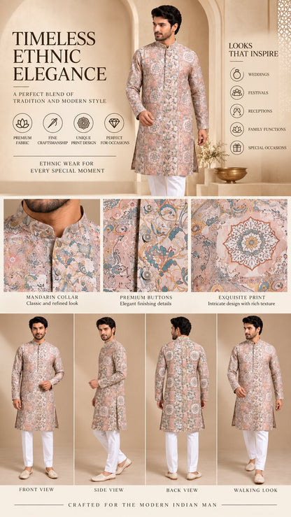 Peach Printed Kurta Pajama Set for Men
