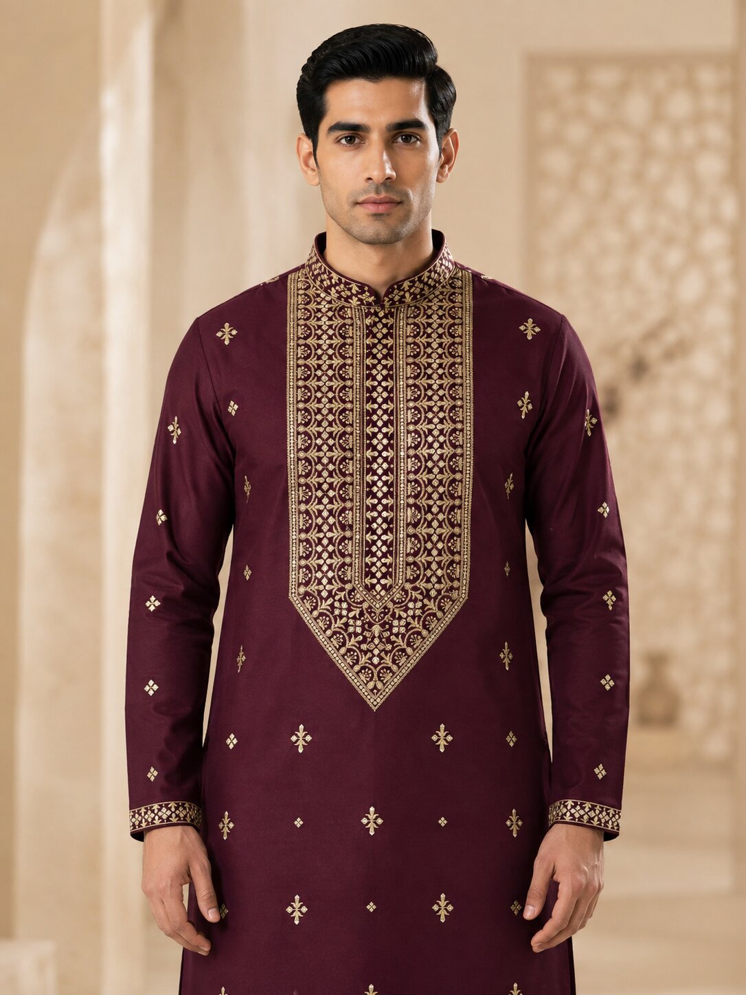 Wine Embroidered Kurta Pyjama Set