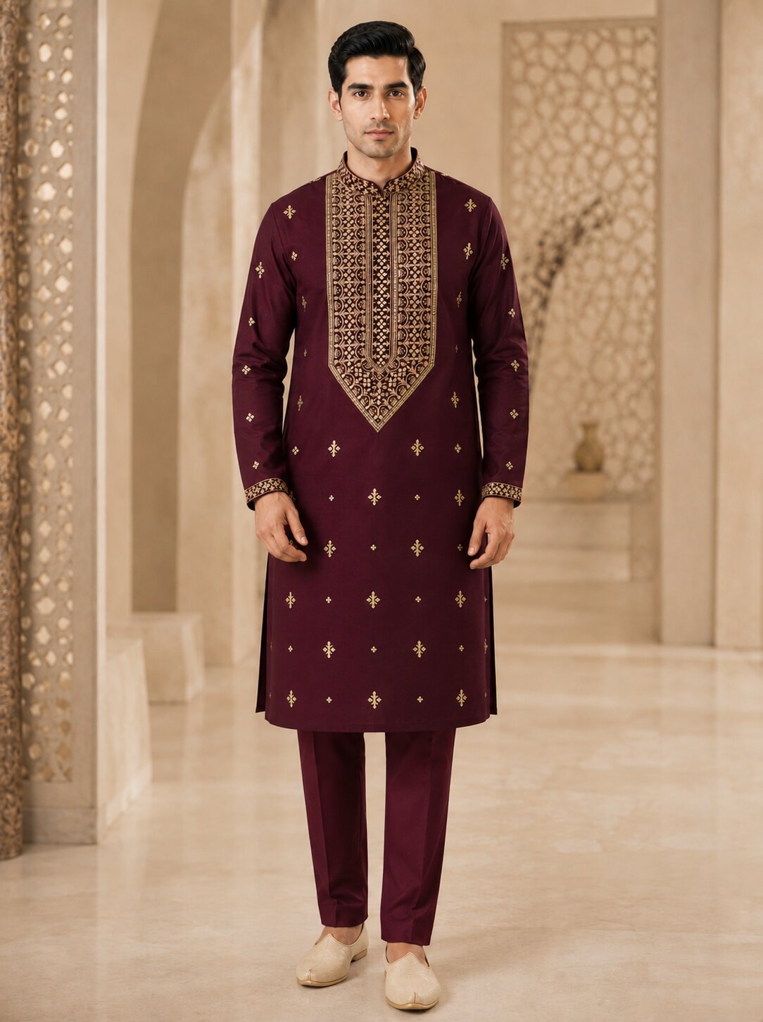 Wine Embroidered Kurta Pyjama Set