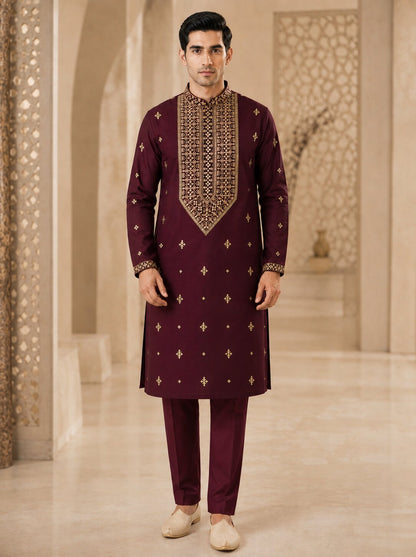 Wine Embroidered Kurta Pyjama Set