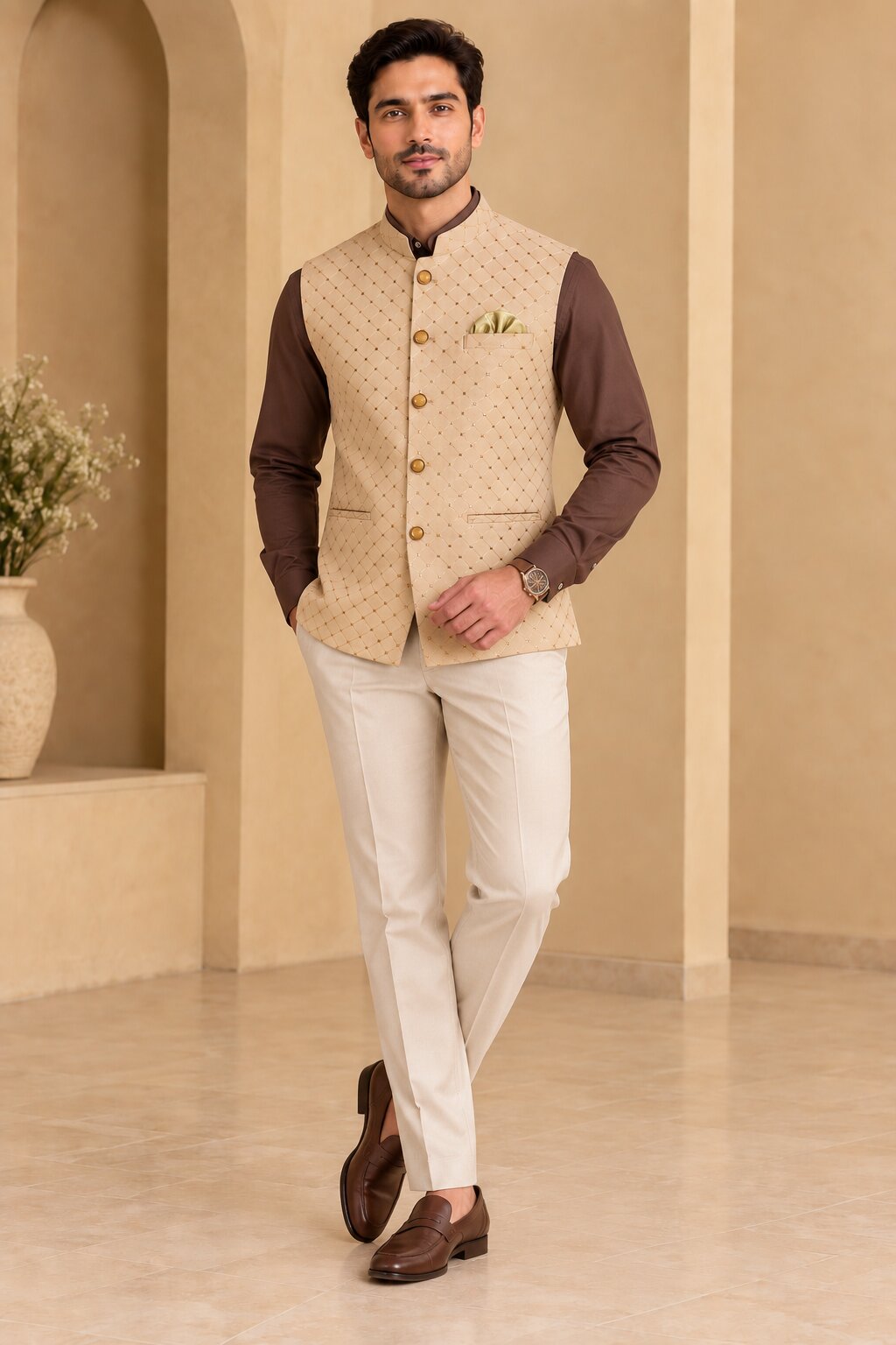 Peach Patterned Nehru Jacket Bundi for Men