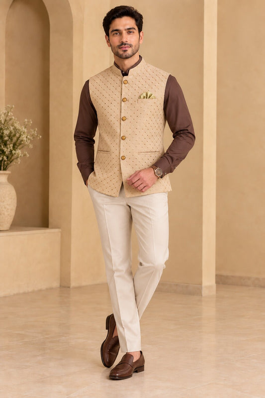 Peach Patterned Nehru Jacket Bundi for Men