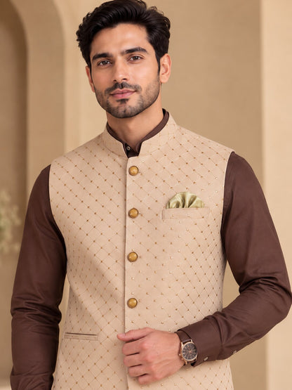 Peach Patterned Nehru Jacket Bundi for Men