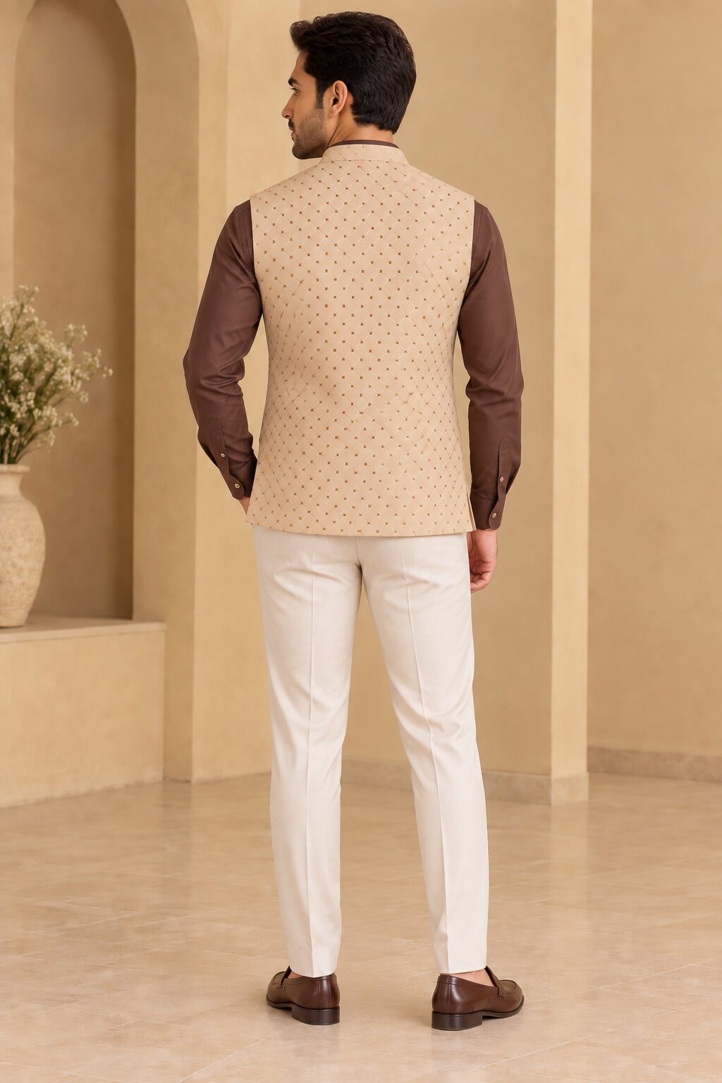 Peach Patterned Nehru Jacket Bundi for Men