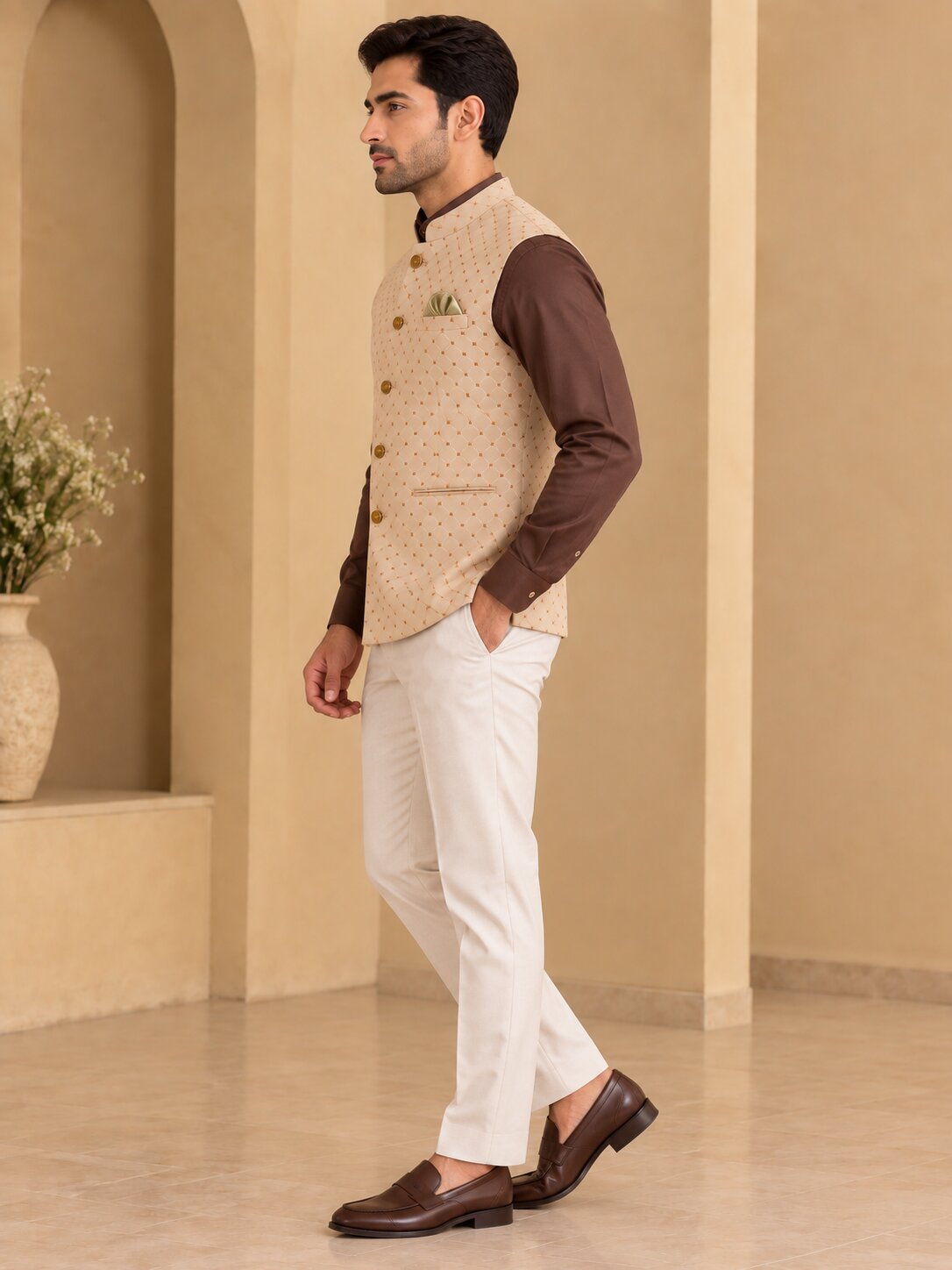 Peach Patterned Nehru Jacket Bundi for Men