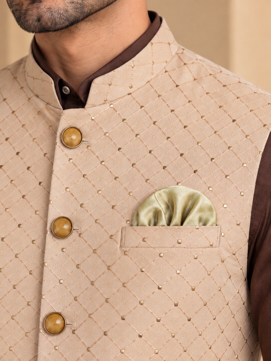 Peach Patterned Nehru Jacket Bundi for Men