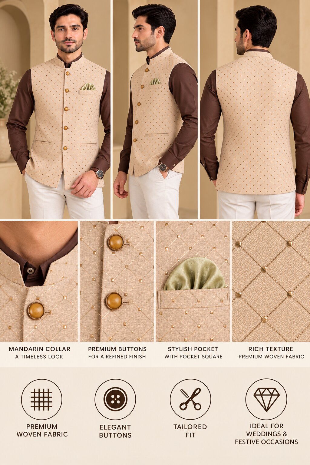 Peach Patterned Nehru Jacket Bundi for Men