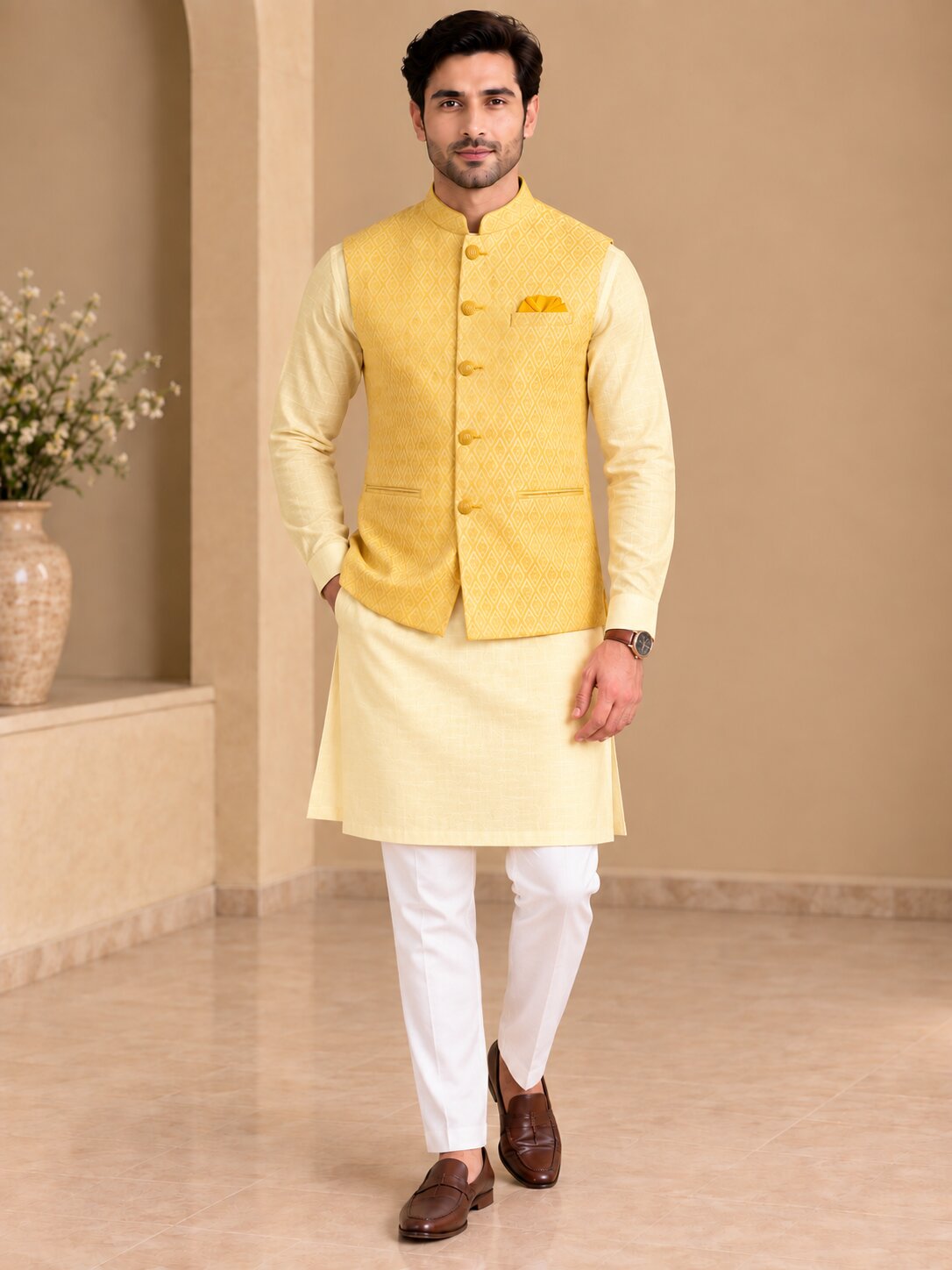 Yellow Patterned Nehru Jacket Bundi for Men