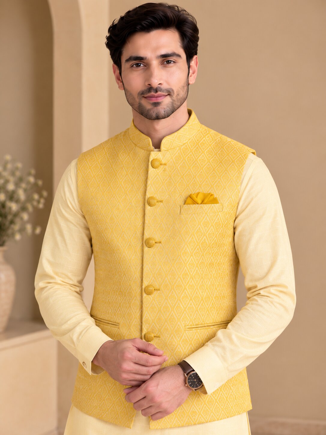 Yellow Patterned Nehru Jacket Bundi for Men