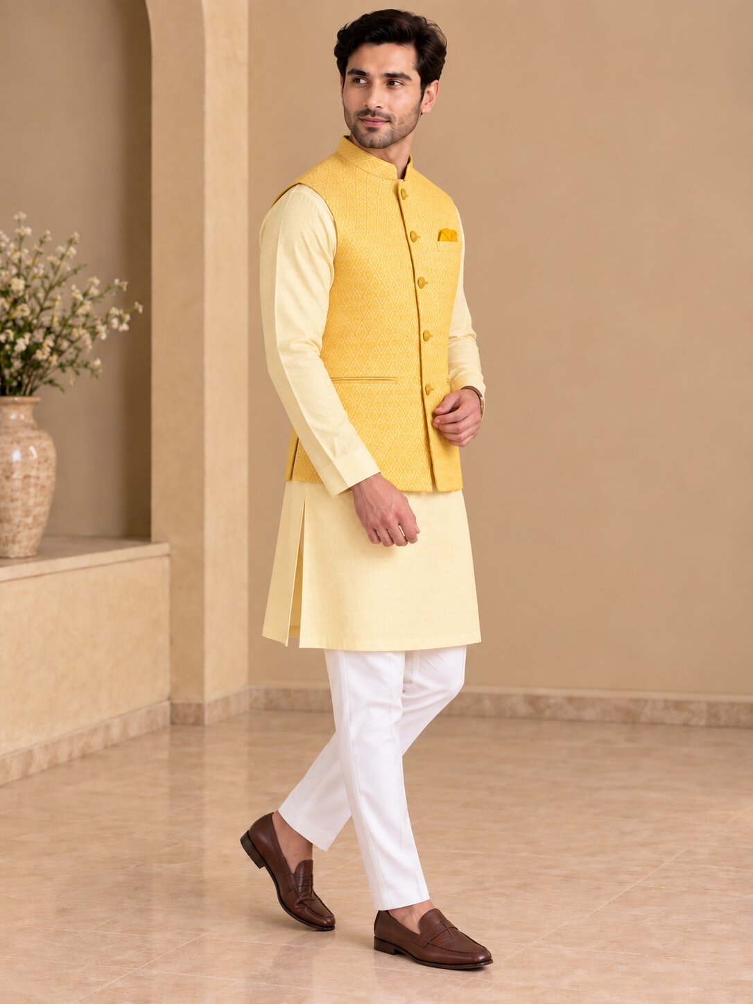 Yellow Patterned Nehru Jacket Bundi for Men
