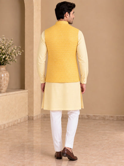 Yellow Patterned Nehru Jacket Bundi for Men