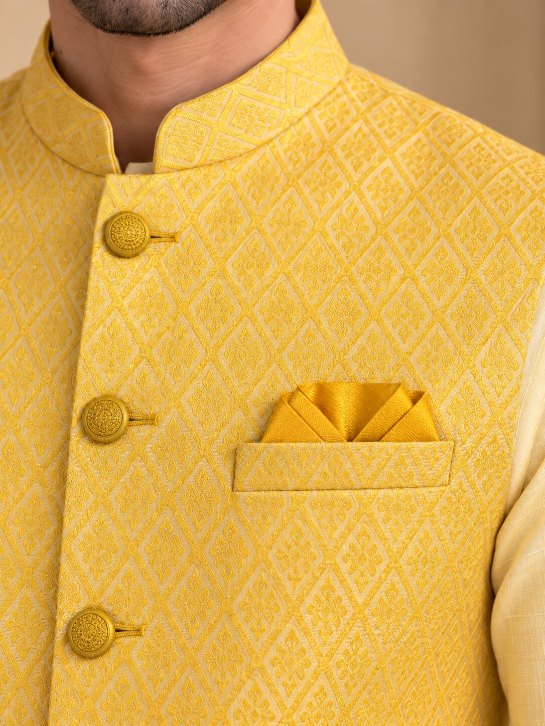 Yellow Patterned Nehru Jacket Bundi for Men