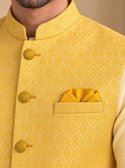 Yellow Patterned Nehru Jacket Bundi for Men