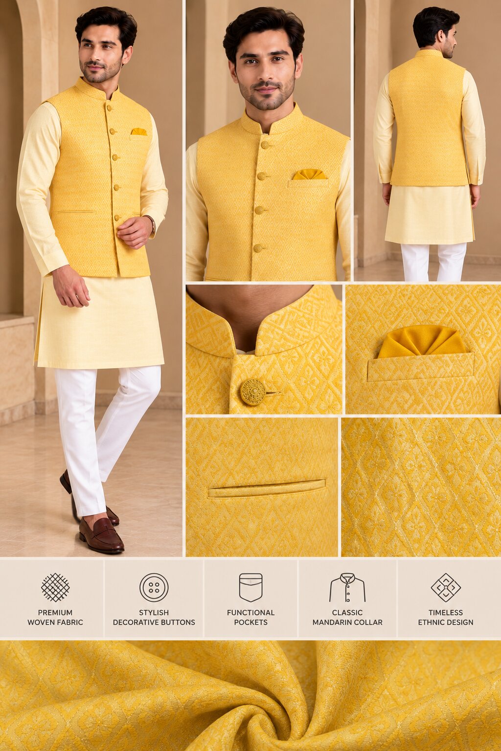 Yellow Patterned Nehru Jacket Bundi for Men
