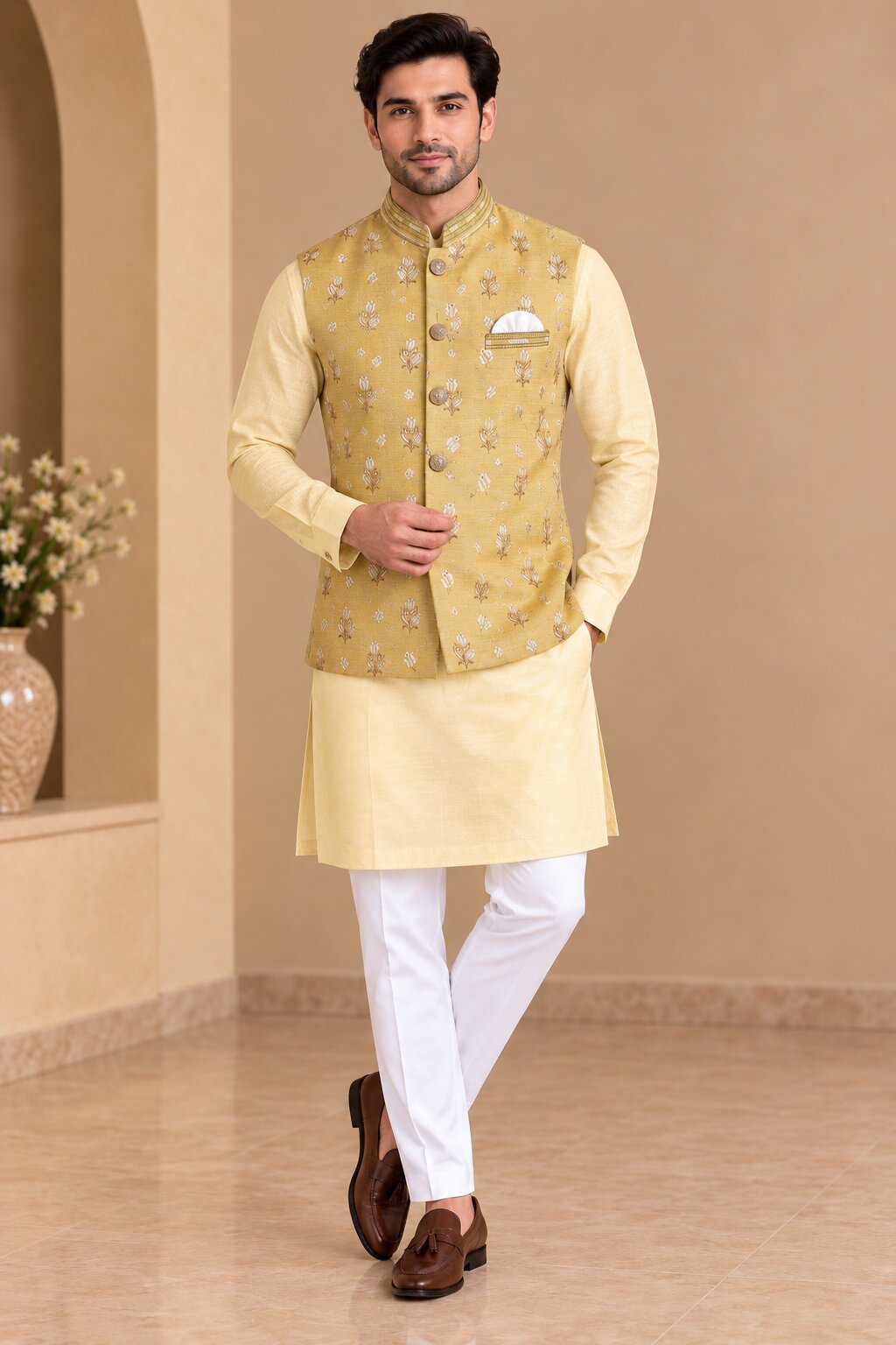 Yellow Printed Nehru Jacket Bundi for Men