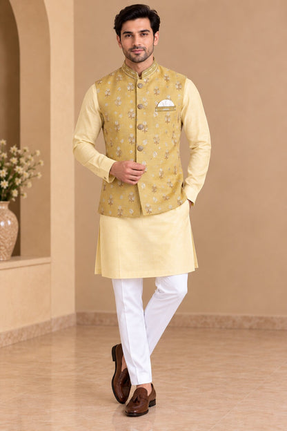 Yellow Printed Nehru Jacket Bundi for Men