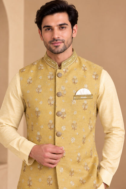 Yellow Printed Nehru Jacket Bundi for Men