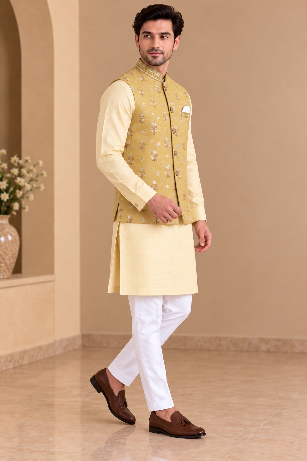 Yellow Printed Nehru Jacket Bundi for Men
