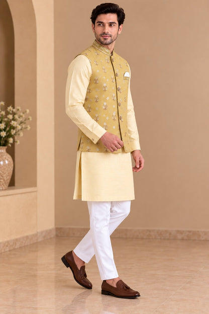 Yellow Printed Nehru Jacket Bundi for Men