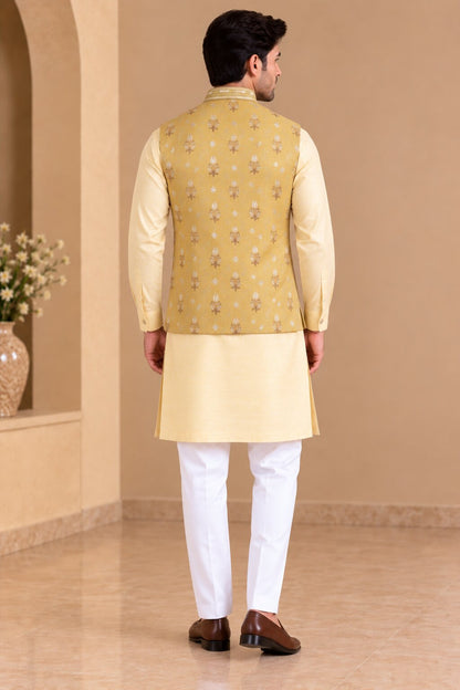 Yellow Printed Nehru Jacket Bundi for Men