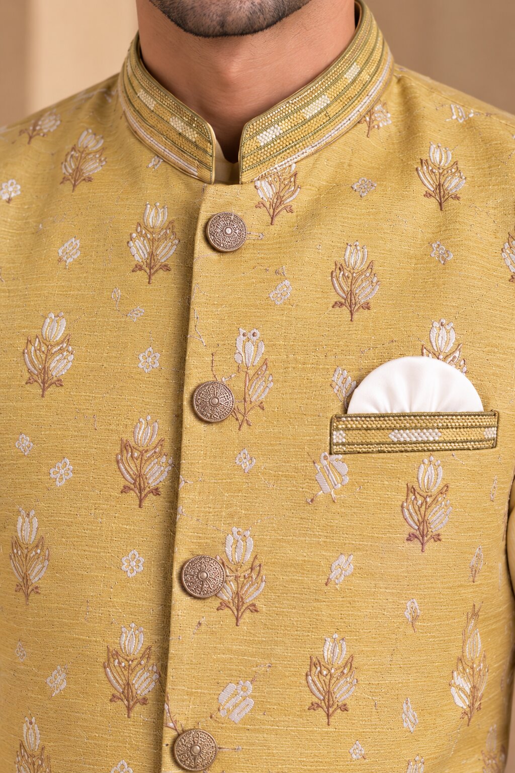 Yellow Printed Nehru Jacket Bundi for Men