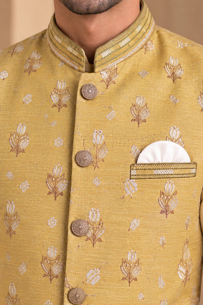 Yellow Printed Nehru Jacket Bundi for Men