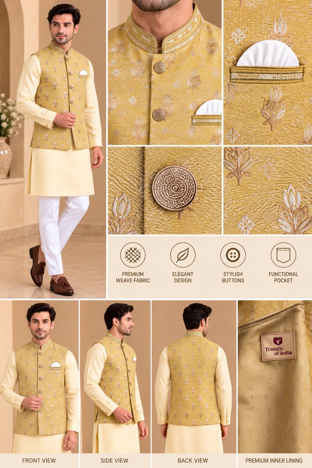 Yellow Printed Nehru Jacket Bundi for Men