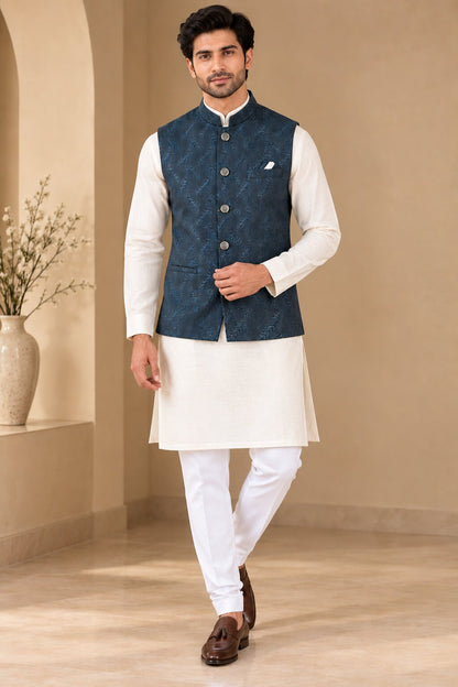 Rama Blue Printed Nehru Jacket Bundi for Men