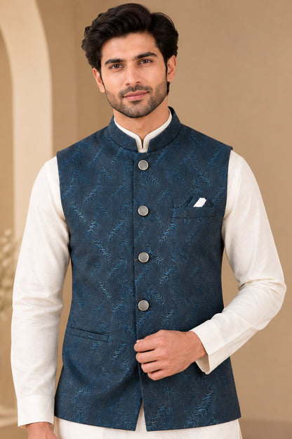 Rama Blue Printed Nehru Jacket Bundi for Men
