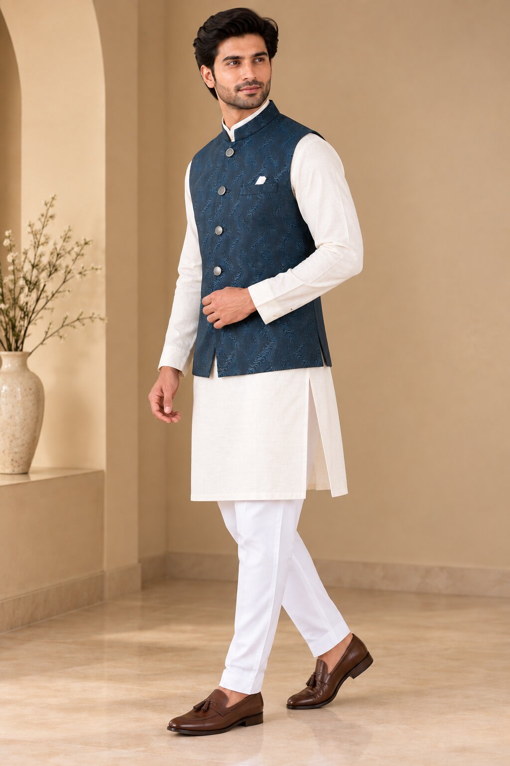 Rama Blue Printed Nehru Jacket Bundi for Men