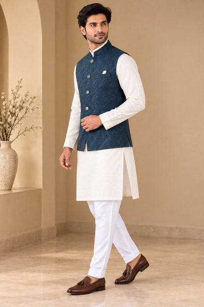 Rama Blue Printed Nehru Jacket Bundi for Men