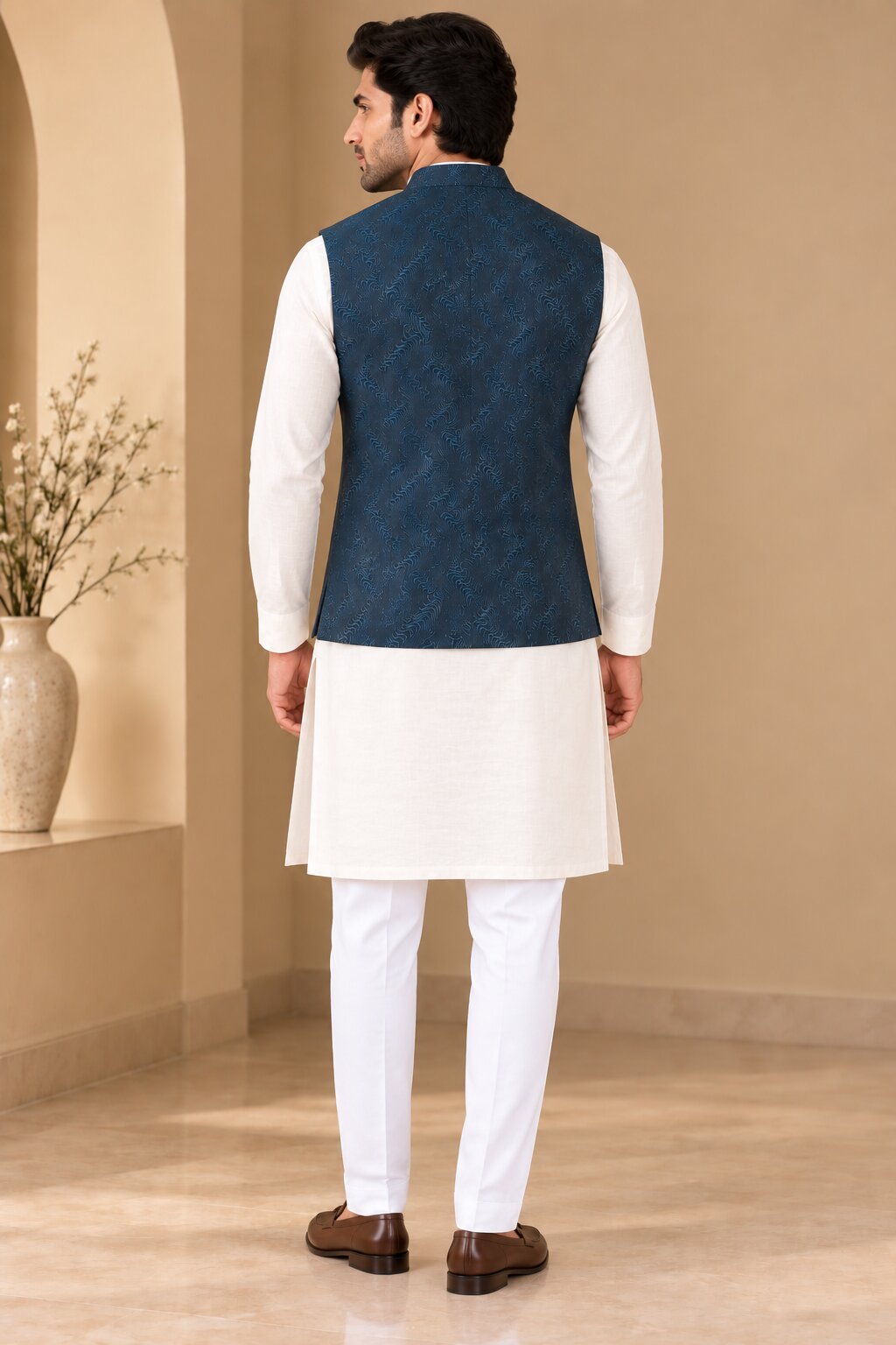 Rama Blue Printed Nehru Jacket Bundi for Men