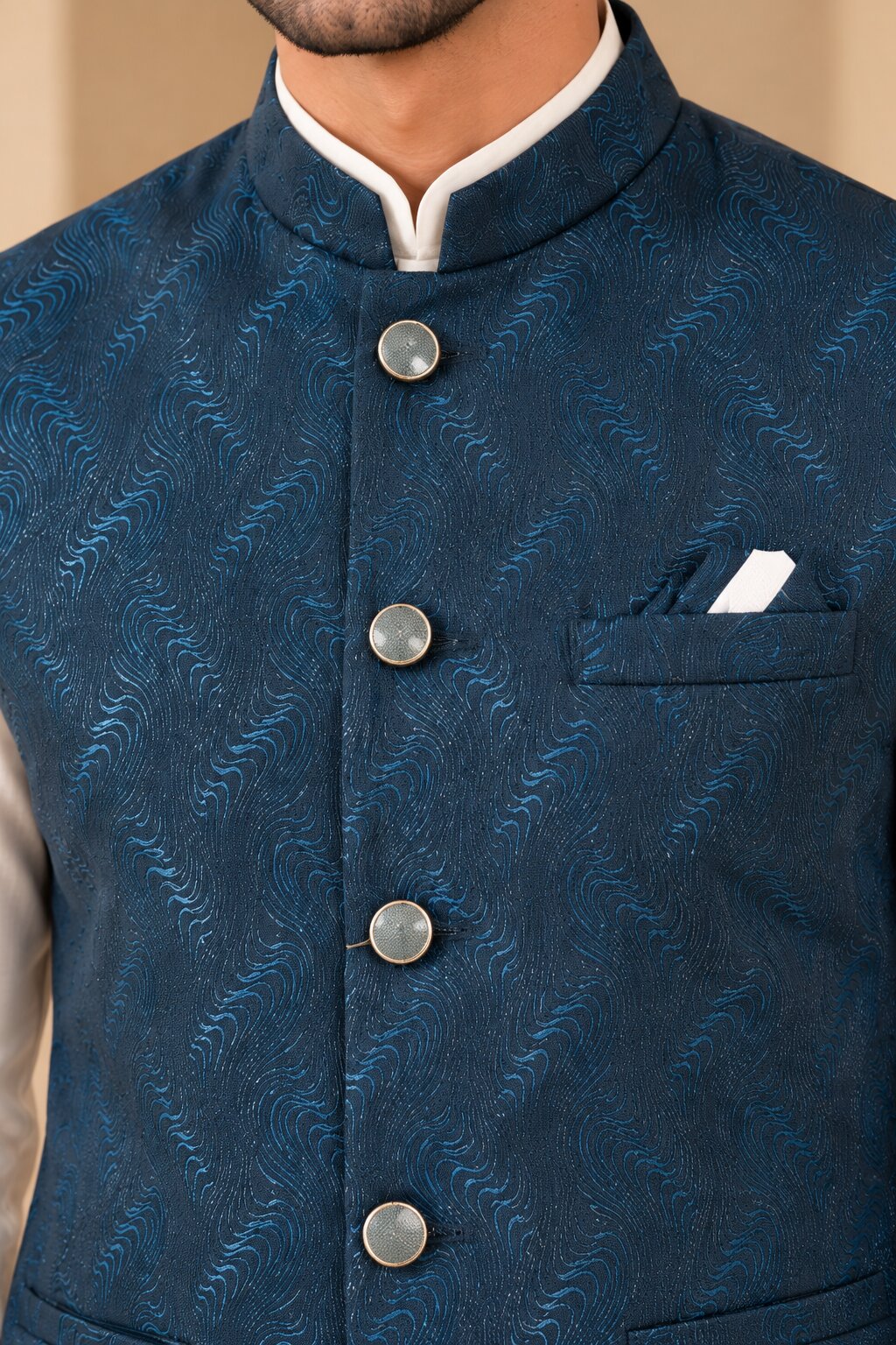Rama Blue Printed Nehru Jacket Bundi for Men
