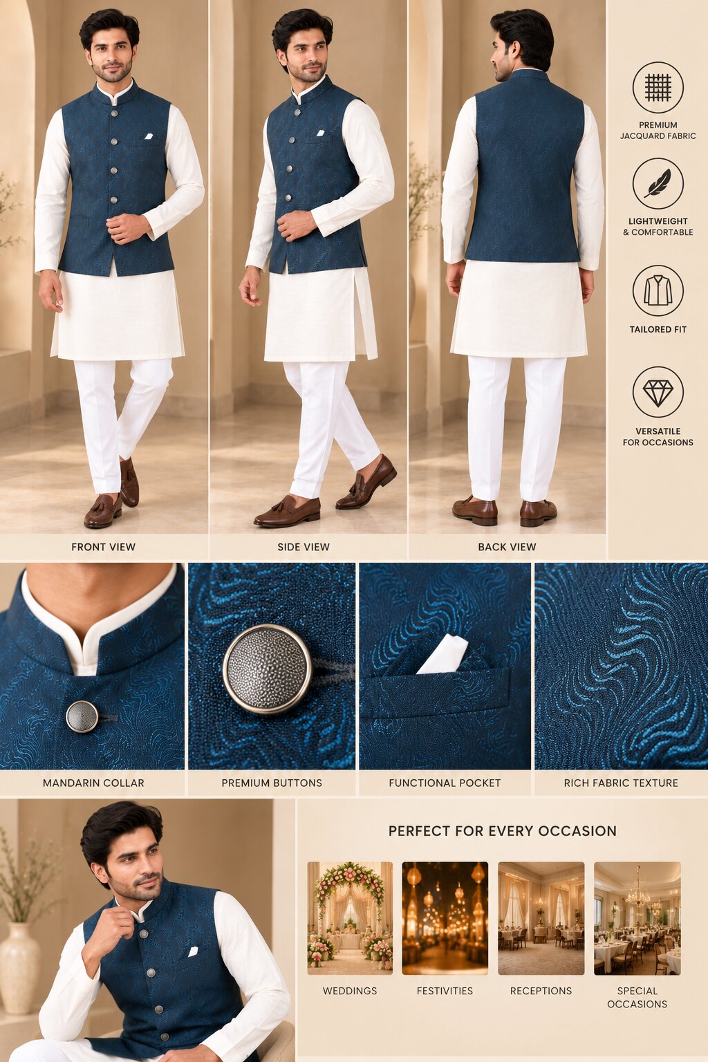 Rama Blue Printed Nehru Jacket Bundi for Men