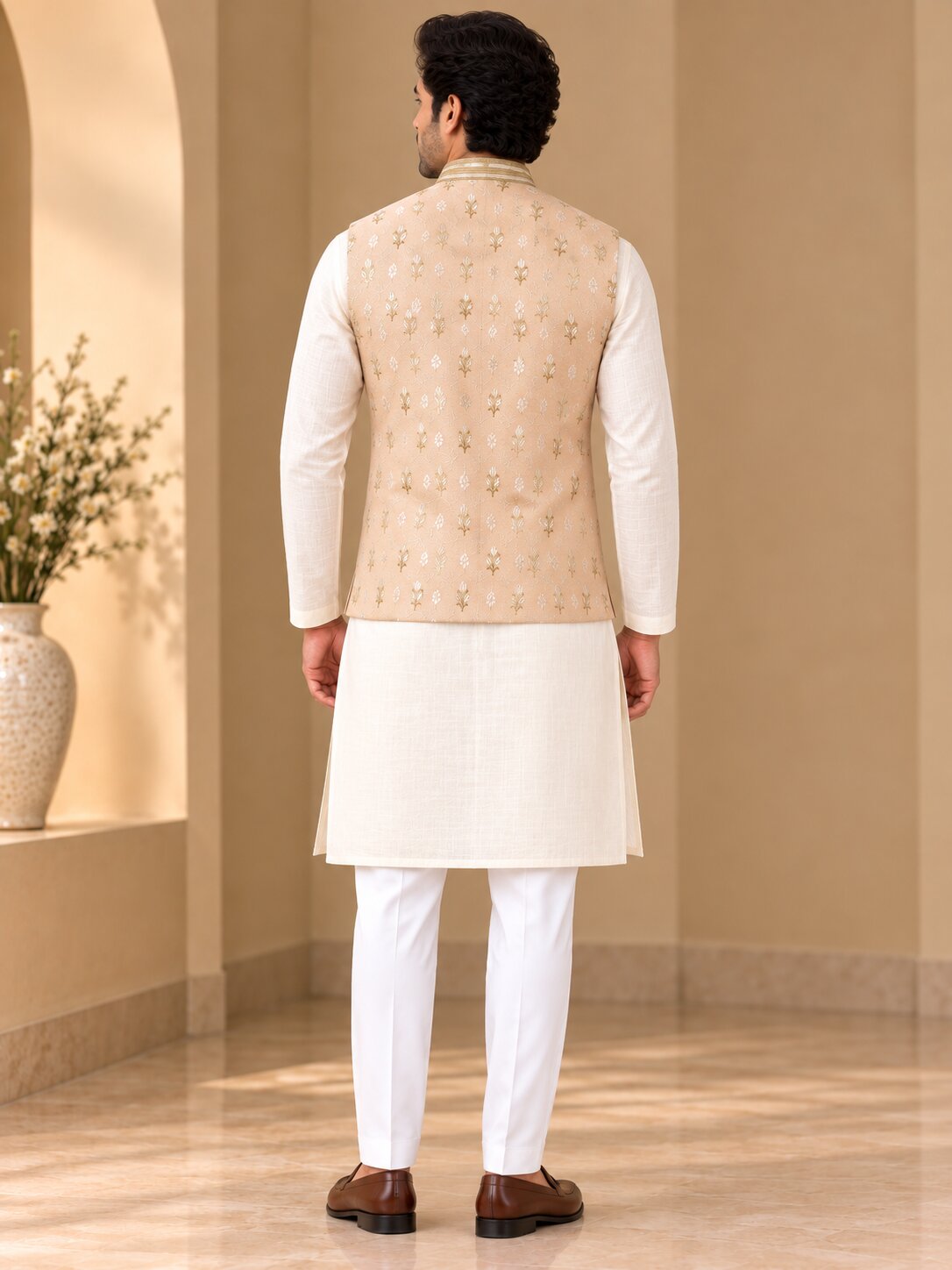 Men’s Peach Embroidered Nehru Jacket Bundi