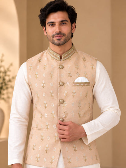 Men’s Peach Embroidered Nehru Jacket Bundi