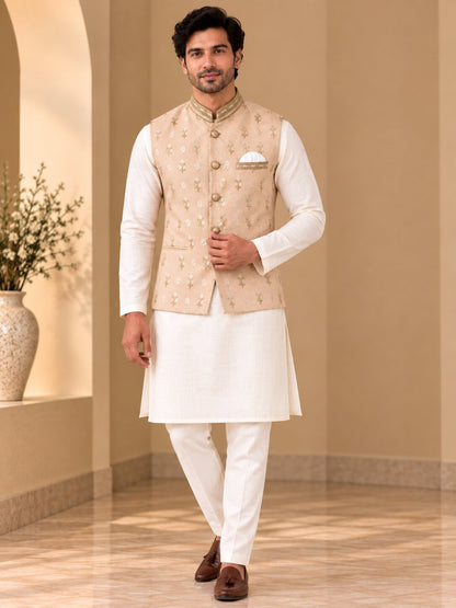 Men’s Peach Embroidered Nehru Jacket Bundi
