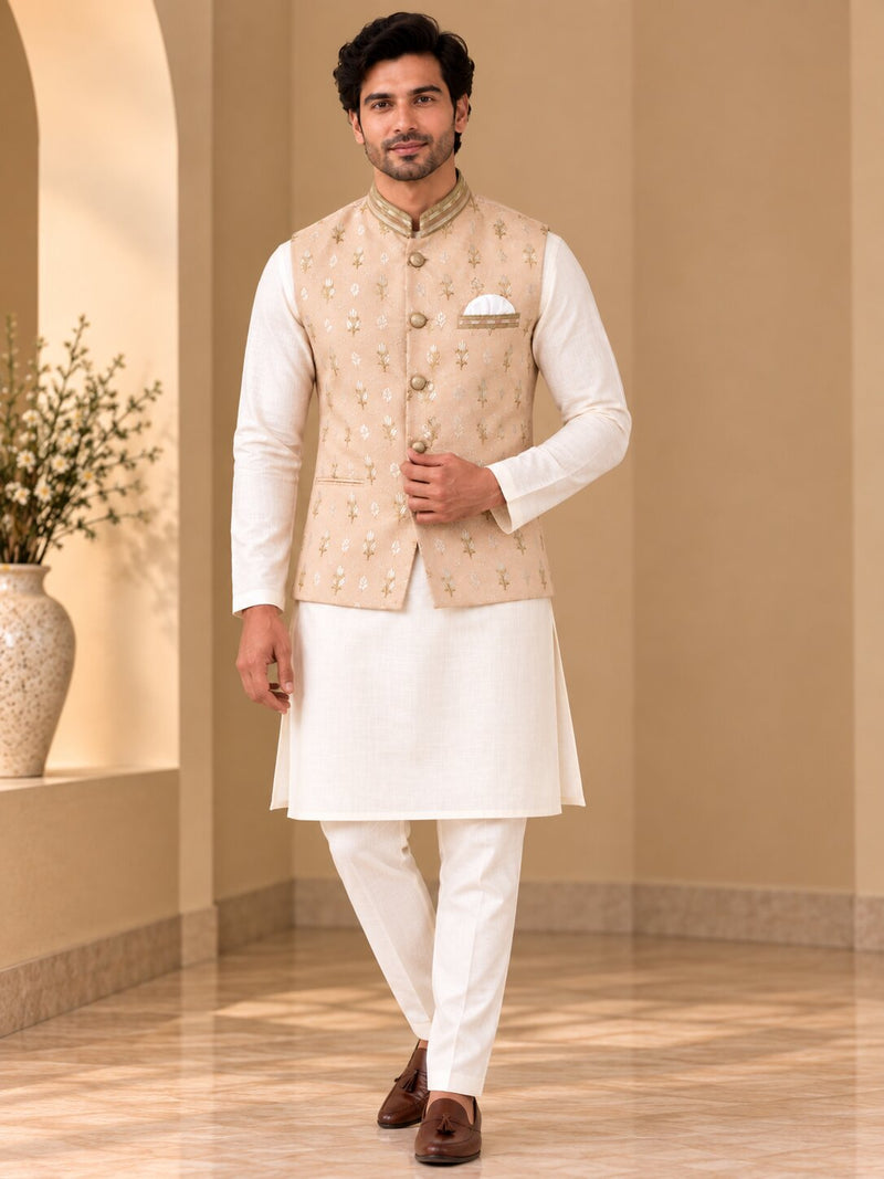 Men’s Peach Embroidered Nehru Jacket Bundi