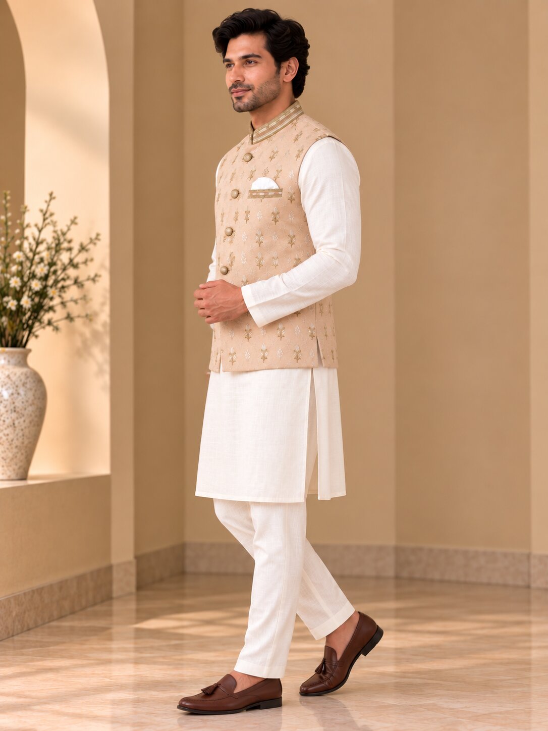 Men’s Peach Embroidered Nehru Jacket Bundi