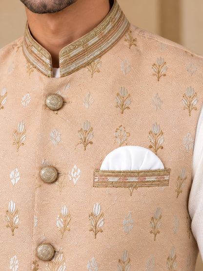 Men’s Peach Embroidered Nehru Jacket Bundi
