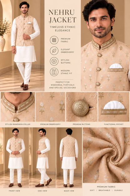 Men’s Peach Embroidered Nehru Jacket Bundi